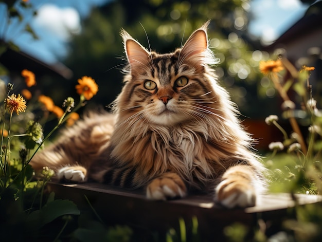 Fluffy cat lies on the grass on a blurred background Generative AI