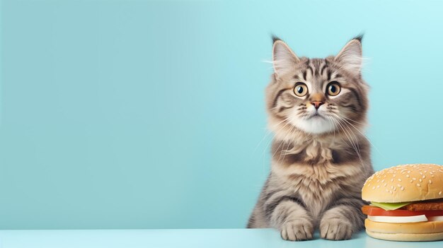 fluffy cat looking at the camera against the background of a hamburgerhealthy food concept