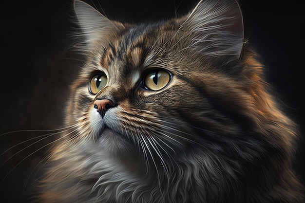 Fluffy cat Pet fur long hair color yellow eyes closeup wool painting portrait creativity adult breed art cute caring charming lovely young funny Animals concept AI