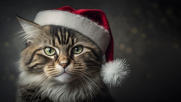 Fluffy cat in Santa hat Christmas portrait