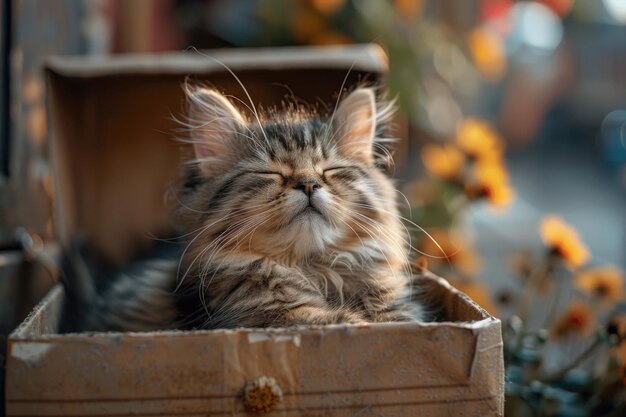 A fluffy cat sitting in a box with its eyes closed and looking content