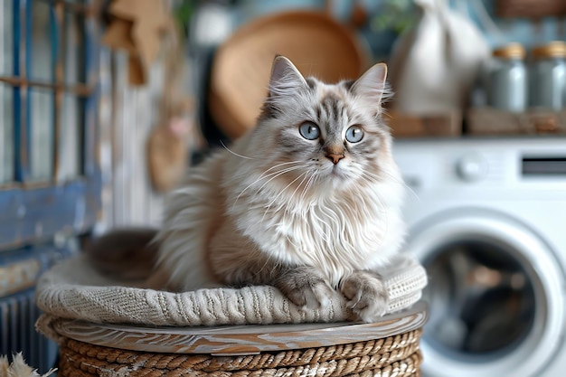 Fluffy cat sitting on the top of washing machine in the laundry room generative ai