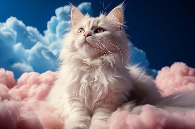 A fluffy cat in the top of cloud