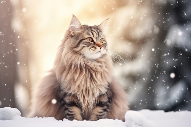 Fluffy cat in a winter landscape
