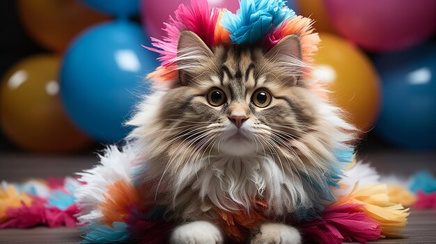 カラフルな羽毛の毛皮の猫 ボア 活気のあるパーティーバルーン 背景 可愛い猫の肖像画