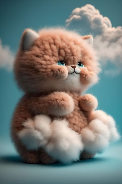 A fluffy cat with fluffy white fur sits in a blue sky.