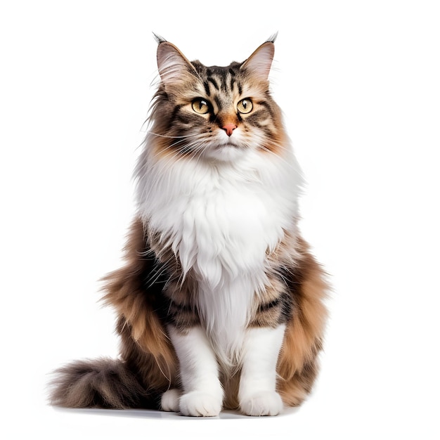 A fluffy cat with a white background and a yellow eye.