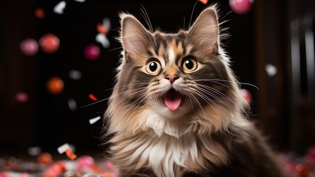 Fluffy cat with wide eyes and tongue out on confetti background perfect for birthday or party theme