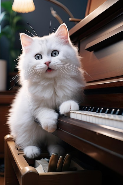 fluffy chibi cat sitting on the piano keys