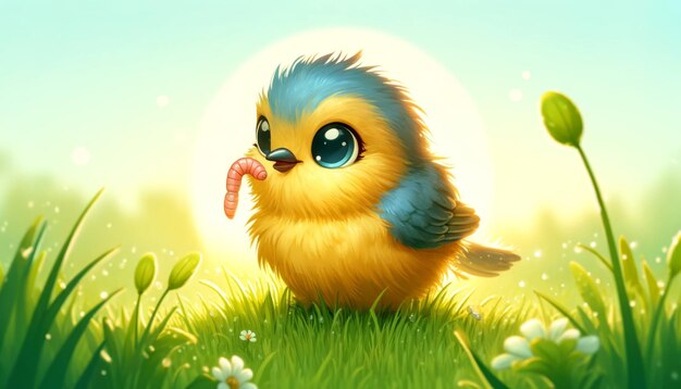 Photo fluffy chick with worm on a sunny meadow