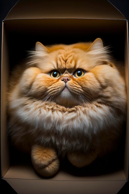 Fluffy chonky orange cat in a shoebox Generative AI