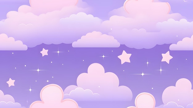 Fluffy clouds and stars on a pastel purple background