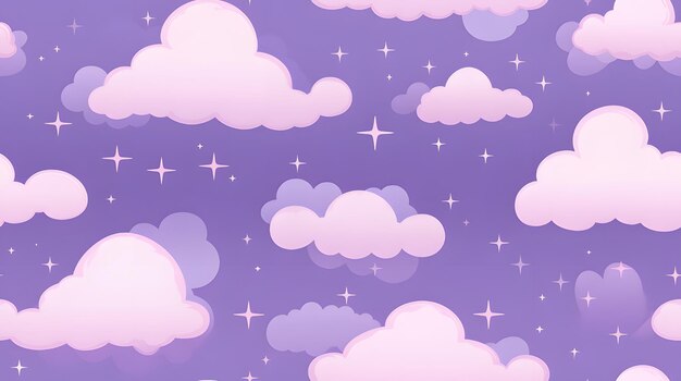 fluffy clouds and stars on a pastel purple background