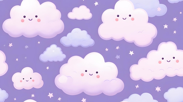 Fluffy clouds and stars on a pastel purple background