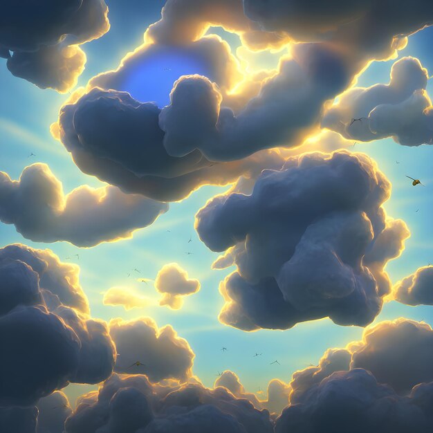 Fluffy clouds with birds flying in sky 3d illustration