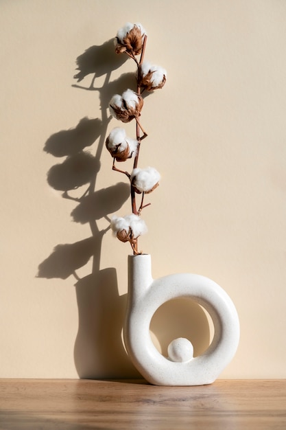 Photo fluffy cotton plant in vase used in interior decor