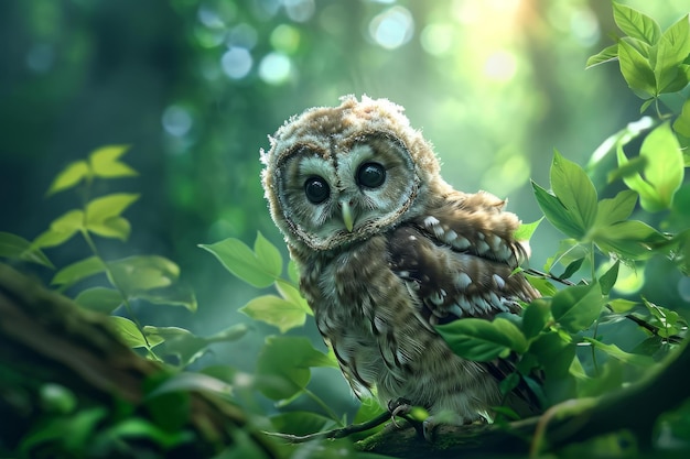 Photo fluffy cute baby owl in forest generate ai