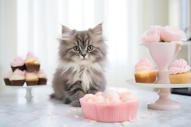 写真 毛深い可愛い子猫が誕生日パーティーを祝うお祝いのケーキの前に座っている