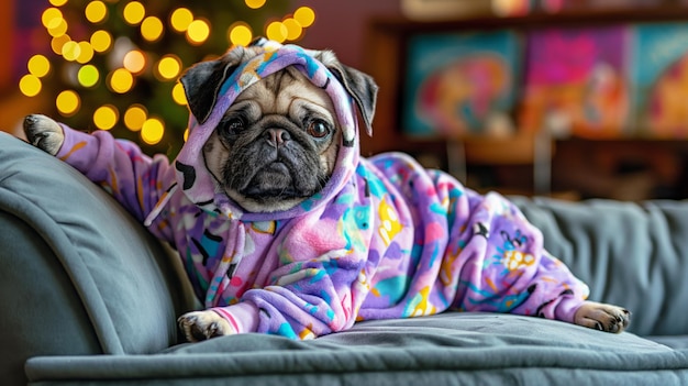 Fluffy cute puppy pug dressed in onesie on a sofa