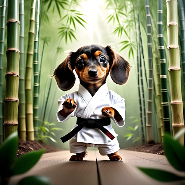 Foto un cucciolo di datchshund soffice che padroneggia l'arte del karate generato da strumenti di ia