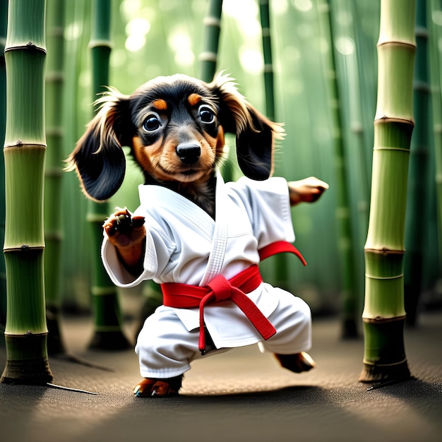 Foto un cucciolo di datchshund soffice che padroneggia l'arte del karate generato da strumenti di ia