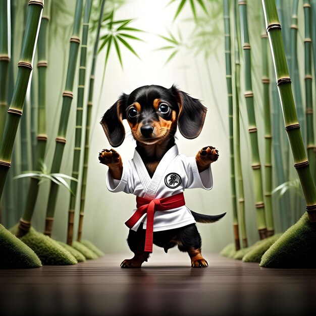 Foto un cucciolo di datchshund soffice che padroneggia l'arte del karate generato da strumenti di ia