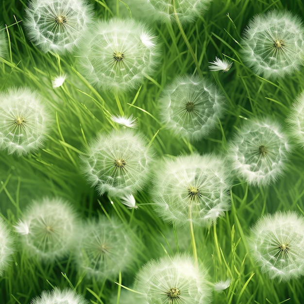 Fluffy Dandelion Seamless Patter Green Dandelion Meadow Soft White Balls Air Dandelions Generative AI Illustration