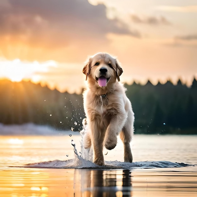 Photo fluffy dog and cat play on beach at sunrise in sea water with splash