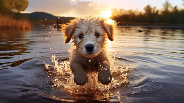 ふわふわの犬と猫が日の出の海水の中でビーチで遊ぶ