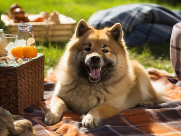 Fluffy dog sitting on a colorful picnic blanket