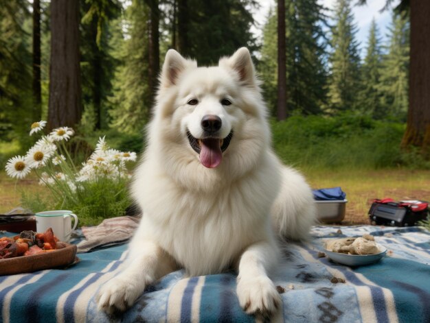 Fluffy dog sitting on a colorful picnic blanket