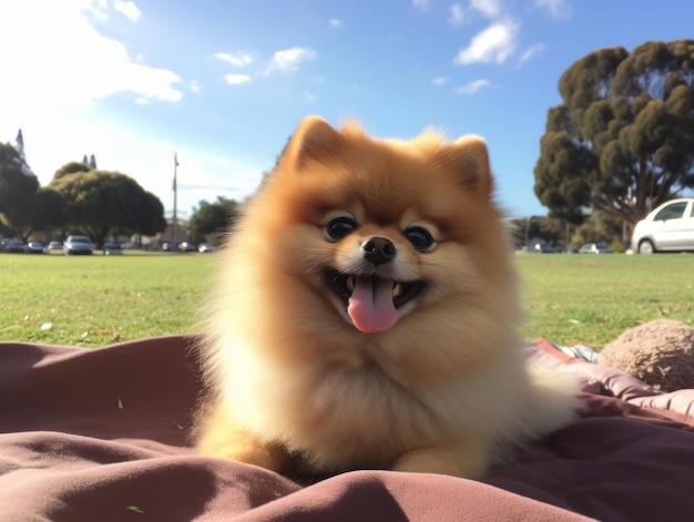 カラフルなピクニック毛布の上に座っているふわふわの犬