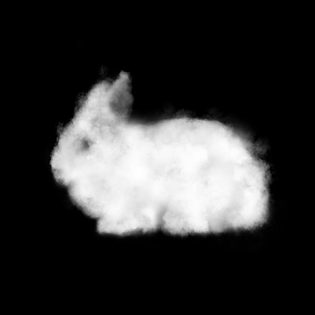 Fluffy easter white rabbit made of cloud presented on a black background. Traditional Easter Bunny. Photo is easy to use in any design, for poster, postcard, web