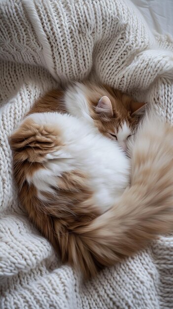 Photo a fluffy feline curled up on a soft knit blanket