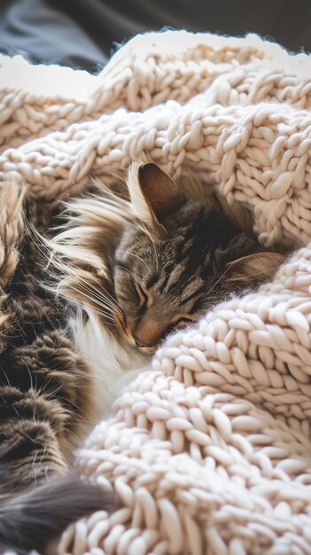 Photo a fluffy feline curled up on a soft knit blanket