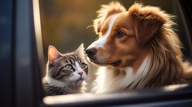 Foto amici soffici un gatto e un cane allegro guardano fuori dalla finestra