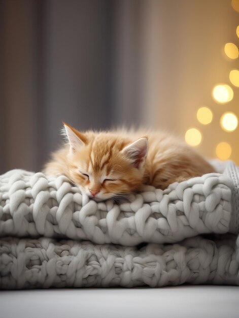 Fluffy ginger cat on cozy knitted blanket in winter decorated home interior warm light evening closeup shot