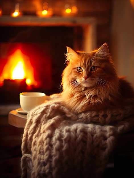 Fluffy ginger cat on cozy knitted blanket in winter decorated home interior warm light evening closeup shot