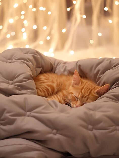 Fluffy ginger cat on cozy knitted blanket in winter decorated home interior warm light evening closeup shot