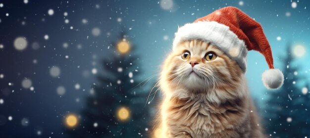 Fluffy ginger cat in Santa's red hat Christmas card template Generative AI