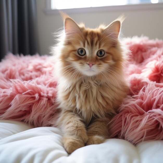 a fluffy ginger cat sits on a pink blanket