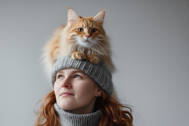 Foto un gatto rossastro soffice si siede sulla testa di una donna in stile animale domestico minimalista isolato su uno sfondo chiaro