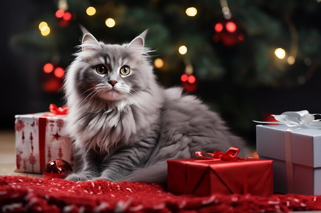 クリスマスのインテリアの毛深い灰色の猫は,クリスマスツリーの贈り物と花束の背景に