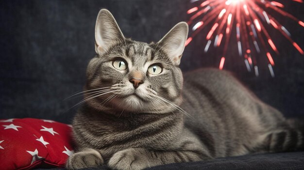 A fluffy gray cat lies and looks at the fireworks outside the window next to a red pillow with stars