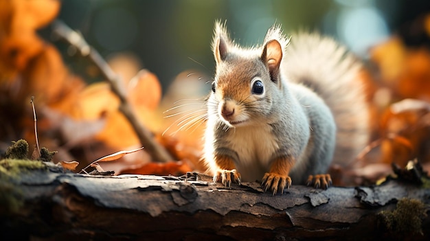 Fluffy gray squirrel sitting on branch eating grass in autumn