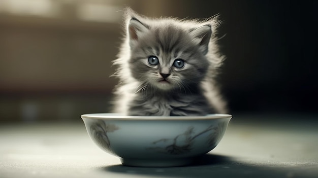 A fluffy grey kitten drinking milk from a saucer AI generated