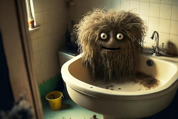 Fluffy hairy dirty monster in sink siphon and pipes