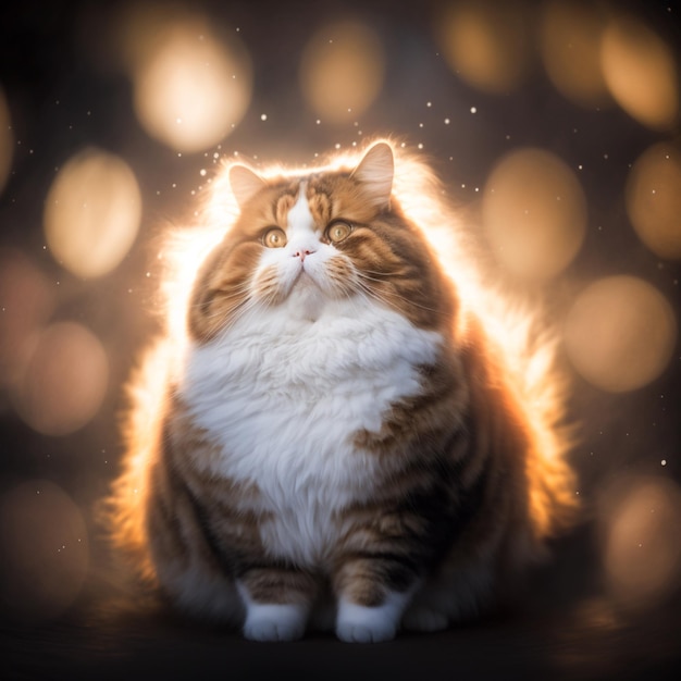 fluffy happy fat cat with light background.