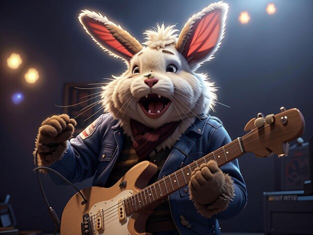 A fluffy hardrock rabbit guitarist brutally and violently screaming into his microphone