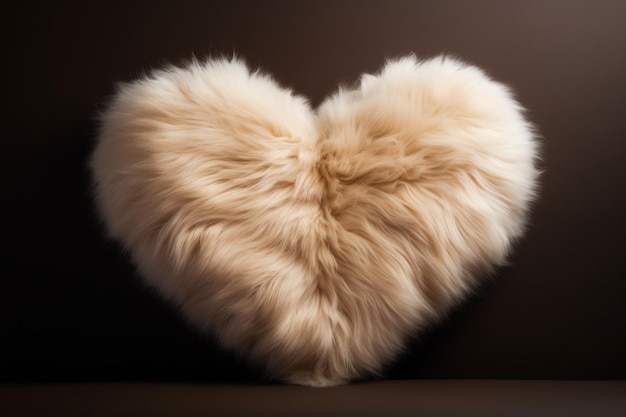 Fluffy heart made of white fur on dark background